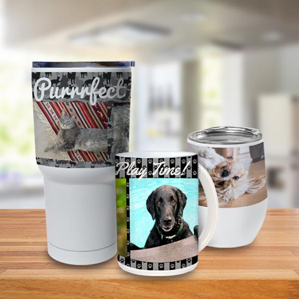 Wake up every morning to the happy face of your furry family member on a photo mug or travel mug featuring your pet