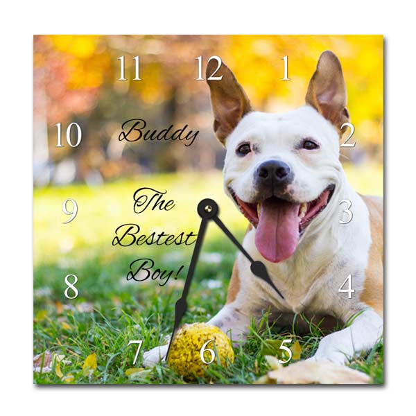 Now your pet can always keep watch over you with a custom metal wall clock featuring your pet