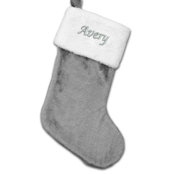Have your name embroidered on a grey plush stocking