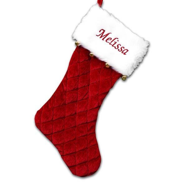 Have your name embroidered on a red quilted stocking with bells