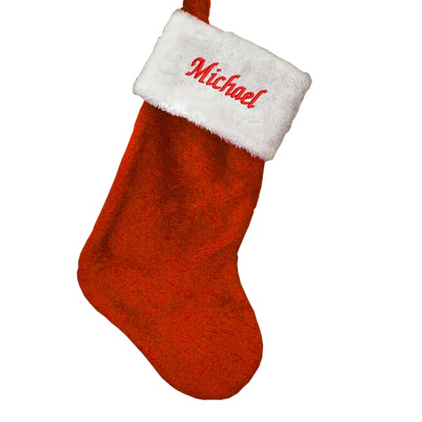 Beautiful plush red stocking with name embroidered