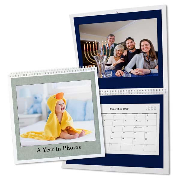 Add photos and text to create your own 12x12 spiral bound photo calendar
