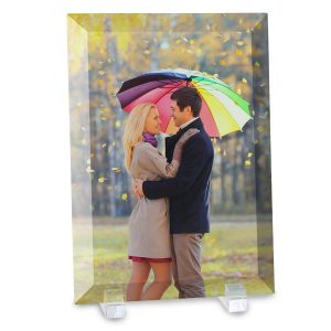 Print your photo on beautiful glass with beveled edges and included stand