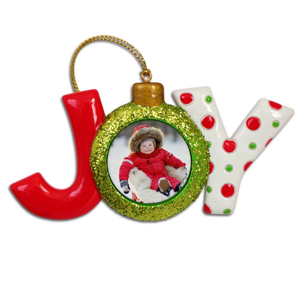 Ceramic JOY Photo ornament with custom photo in side and red and green colors