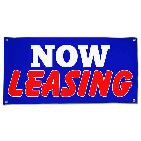 Perfect for real estate, lease your space and get the word seen with this 4x2 blue Now Leasing banner