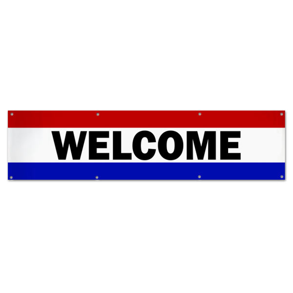 Hang a welcome banner in your small business or store using this classic patriotic Welcome Banner size 8x2