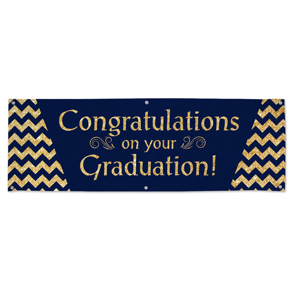 Add class to your graduation party with a blue and gold glitter Congratulations banner