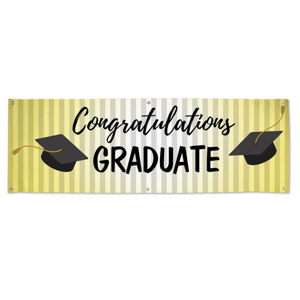 Classic Black Cap on gold Graduation banner for Parties and events