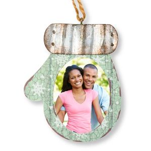 Add your own photo to our rustic mitten photo ornament made of metal and wood