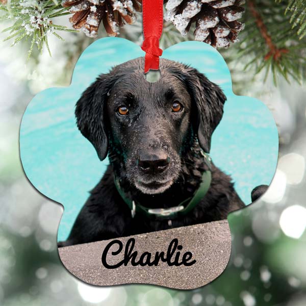 Create a custom photo ornament featuring your pet on a metal paw ornament