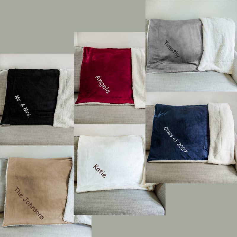 Custom embroidered sherpa throw blankets available in multiple colors