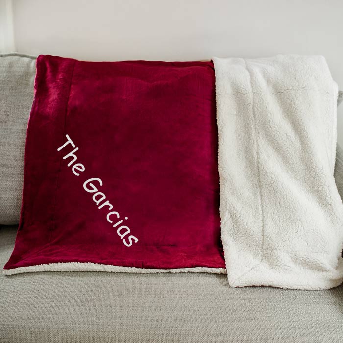 Embroider your own sherpa fleece blanket with text for any occasion