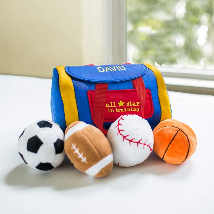 Create a plush sports ball set for your all star with custom name embroidery